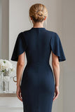 Sparkly Navy Beaded Bodycon Midi Mother of the Bride Dress with Sleeves