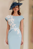 Light Blue Floral Bodycon Boat Neck Midi Mother of the Bride Dress with Slit