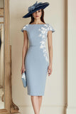 Dusty Blue Bodycon Bateau Neck Floral Midi Mother of the Bride Dress with Sleeves