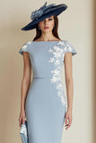 Dusty Blue Bodycon Bateau Neck Floral Midi Mother of the Bride Dress with Sleeves