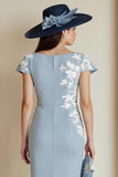 Dusty Blue Bodycon Bateau Neck Floral Midi Mother of the Bride Dress with Sleeves