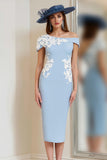 Light Blue One Shoulder Bodycon Floral Midi Mother of the Bride Dress with Slit
