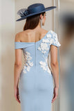 Light Blue One Shoulder Bodycon Floral Midi Mother of the Bride Dress with Slit