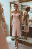Blush Pink Off the Shoulder Ruched Midi Mother of the Bride Dress with Slit