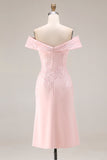 Blush Pink Off the Shoulder Ruched Midi Mother of the Bride Dress with Slit