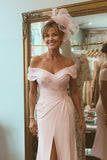 Blush Pink Off the Shoulder Ruched Midi Mother of the Bride Dress with Slit