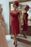 Blush Pink Off the Shoulder Ruched Midi Mother of the Bride Dress with Slit