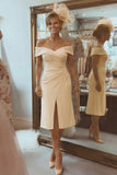Blush Pink Off the Shoulder Ruched Midi Mother of the Bride Dress with Slit