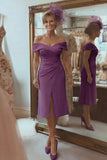 Blush Pink Off the Shoulder Ruched Midi Mother of the Bride Dress with Slit