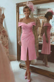 Blush Pink Off the Shoulder Ruched Midi Mother of the Bride Dress with Slit