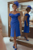 Blush Pink Off the Shoulder Ruched Midi Mother of the Bride Dress with Slit
