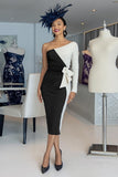 Black and White One Shoulder Bodycon Midi Mother of the Bride Dress with Sleeves