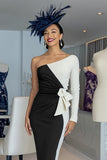 Black and White One Shoulder Bodycon Midi Mother of the Bride Dress with Sleeves