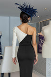 Black and White One Shoulder Bodycon Midi Mother of the Bride Dress with Sleeves