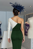Black and White One Shoulder Bodycon Midi Mother of the Bride Dress with Sleeves