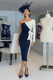 Black and White One Shoulder Bodycon Midi Mother of the Bride Dress with Sleeves