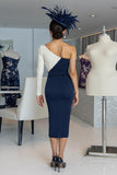 Black and White One Shoulder Bodycon Midi Mother of the Bride Dress with Sleeves