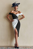 Black and White Midi Off the Shoulder Mother of the Bride Dress with Slit