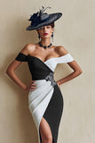 Black and White Midi Off the Shoulder Mother of the Bride Dress with Slit