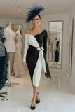 Black and White Patchwork One Shoulder Midi Mother of the Bride Dress with Sash