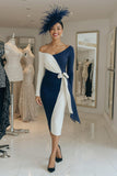 Black and White Patchwork One Shoulder Midi Mother of the Bride Dress with Sash