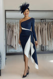 White Navy Satin One Shoulder Midi Mother of the Bride Dress with Side Cape
