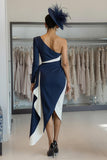 White Navy Satin One Shoulder Midi Mother of the Bride Dress with Side Cape