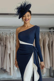 White Navy Satin One Shoulder Midi Mother of the Bride Dress with Side Cape