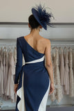 White Navy Satin One Shoulder Midi Mother of the Bride Dress with Side Cape