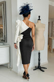 Black and White Midi One Shoulder Mother of the Bride Dress with Sleeves