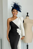 Black and White Midi One Shoulder Mother of the Bride Dress with Sleeves