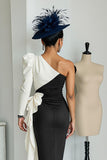 Black and White Midi One Shoulder Mother of the Bride Dress with Sleeves