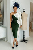 Black and White Midi One Shoulder Mother of the Bride Dress with Sleeves