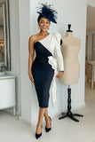Black and White Midi One Shoulder Mother of the Bride Dress with Sleeves
