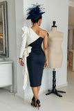 Black and White Midi One Shoulder Mother of the Bride Dress with Sleeves
