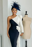 Black and White Midi One Shoulder Mother of the Bride Dress with Sleeves
