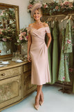 Dusty Rose Ruched Satin Off the Shoulder Midi Mother of the Bride Dress