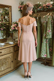 Dusty Rose Ruched Satin Off the Shoulder Midi Mother of the Bride Dress