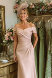 Dusty Rose Ruched Satin Off the Shoulder Midi Mother of the Bride Dress