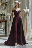 Cabernet Satin A Line Off the Shoulder Long Mother of the Bride Jumpsuits