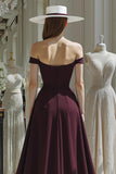 Cabernet Satin A Line Off the Shoulder Long Mother of the Bride Jumpsuits