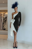 Black and White One Shoulder Ruched Midi Mother of the Bride Dress with Bow