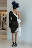 Black and White One Shoulder Ruched Midi Mother of the Bride Dress with Bow
