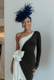 Black and White One Shoulder Ruched Midi Mother of the Bride Dress with Bow