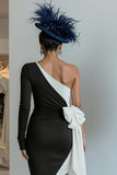 Black and White One Shoulder Ruched Midi Mother of the Bride Dress with Bow