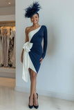 Black and White One Shoulder Ruched Midi Mother of the Bride Dress with Bow
