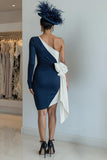 Black and White One Shoulder Ruched Midi Mother of the Bride Dress with Bow