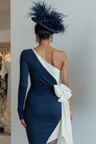 Black and White One Shoulder Ruched Midi Mother of the Bride Dress with Bow