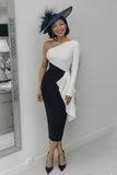 Black and White Sheath One Shoulder Midi Mother of the Bride Dress with Ruffles