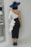 Black and White Sheath One Shoulder Midi Mother of the Bride Dress with Ruffles